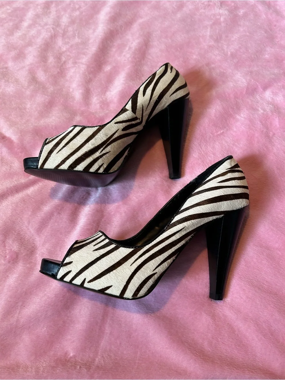 Nine West Vintage Zebra Pony Hair Peep-Toe Heels - Brown/Black/White